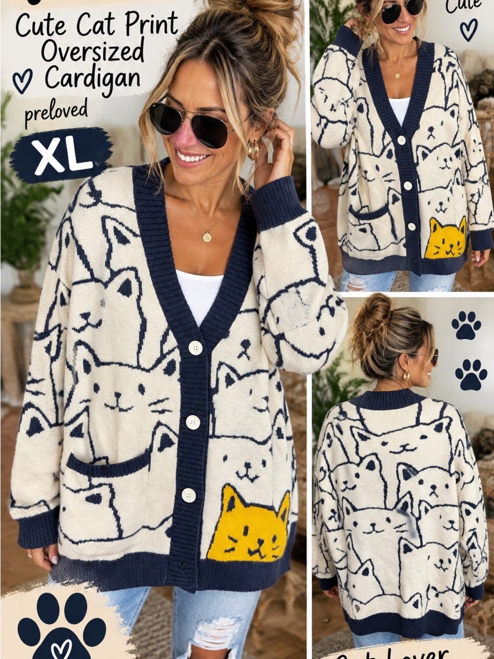 Vamtac Cat Print Oversized Cardigan Sweater - Cream/Navy